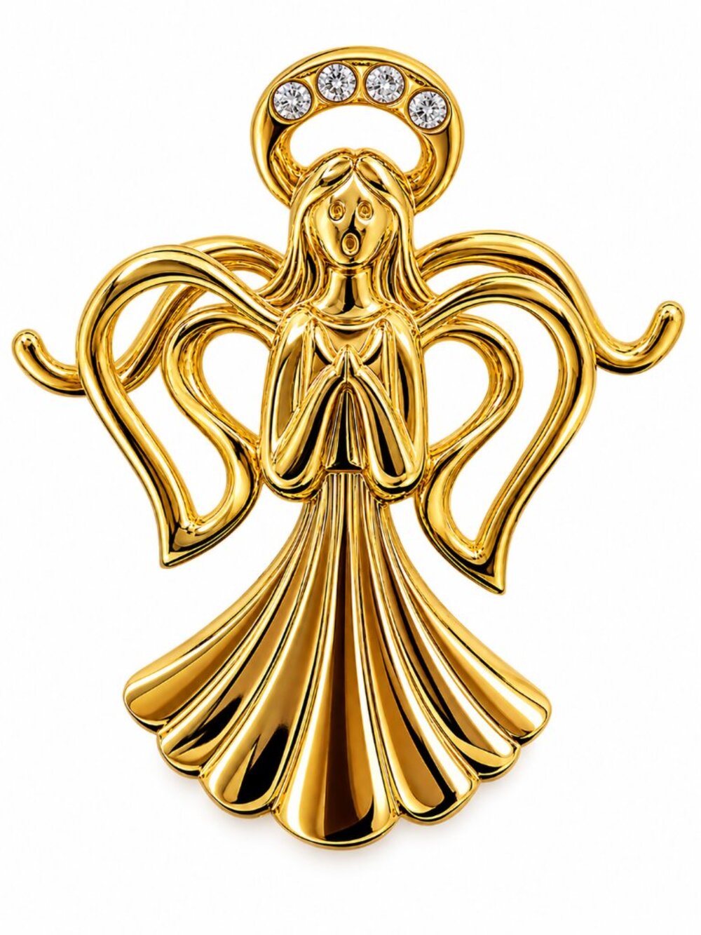 Vintage Gold Tone Angel Brooch Rhinestone Halo Heart Wings